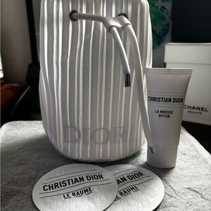 Dior White Drawstring Cosmetic Bag with Skincare Products